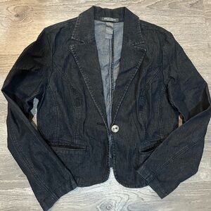 Bisou Bisou Dark Denim Cropped Blazer Jacket Women Size M Button Front Fitted